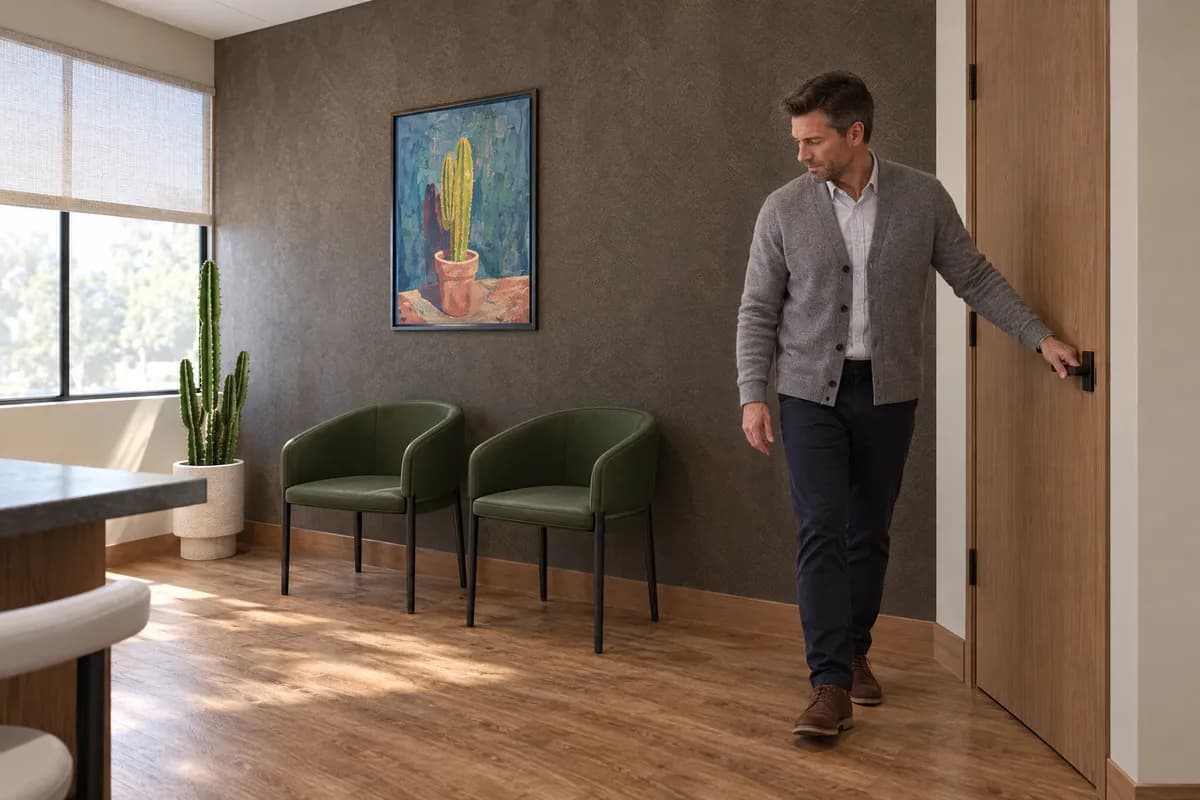 A therapist closing the door of a suite at Alta Medical, two green chairs against the accent wall