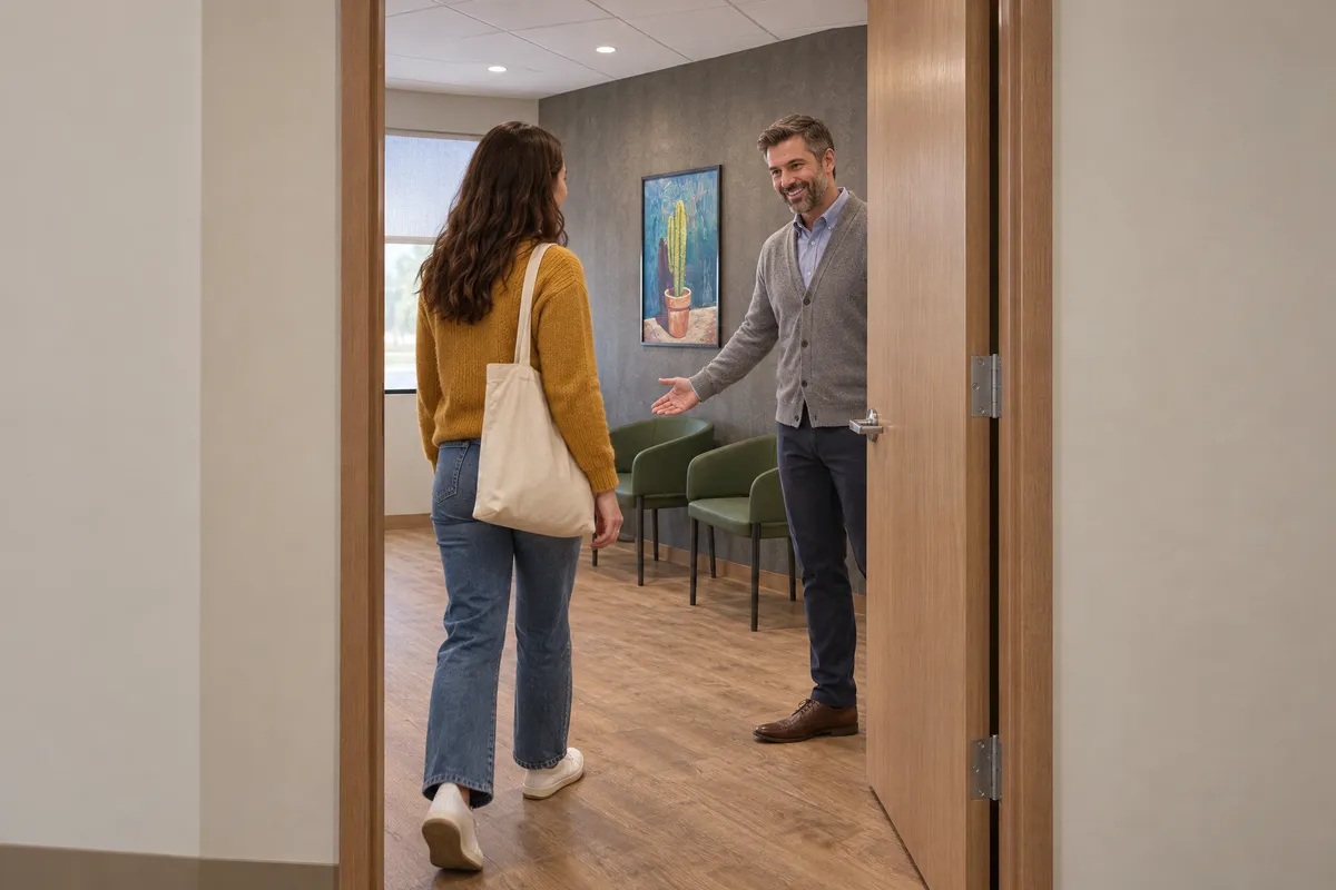 A therapist welcoming a client at the door of a suite at Alta Medical