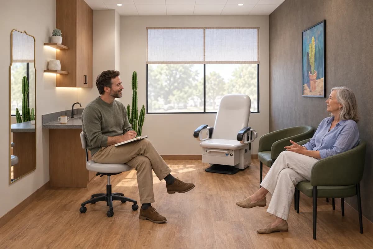 A naturopathic doctor and a patient talking in a treatment suite at Alta Medical