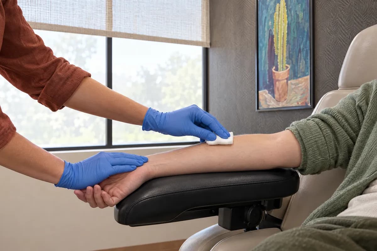 A naturopathic doctor pressing gauze to a patient's arm after a blood draw in a treatment suite at Alta Medical
