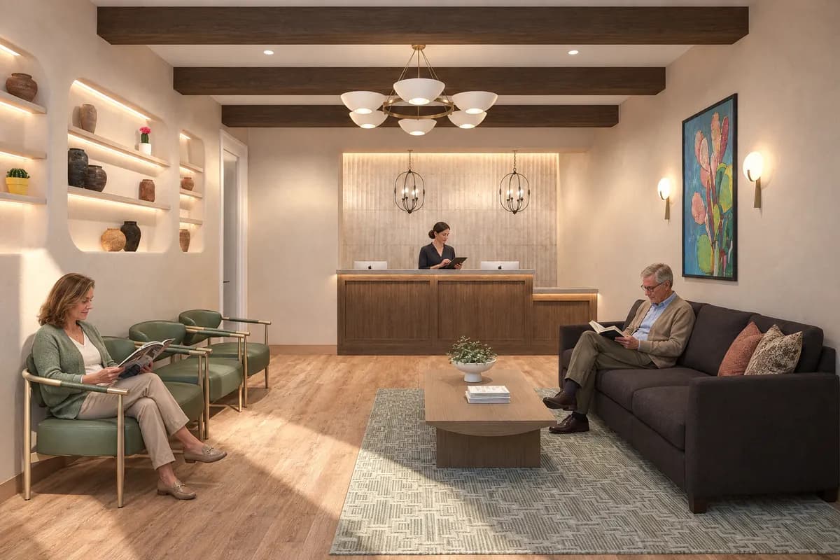 A man reading on the sofa and a woman with a magazine in an armchair in the Alta Medical reception, the front desk host behind the desk