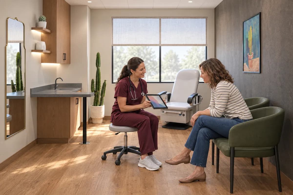 A nurse practitioner going over a schedule on a tablet with a patient in a treatment suite at Alta Medical