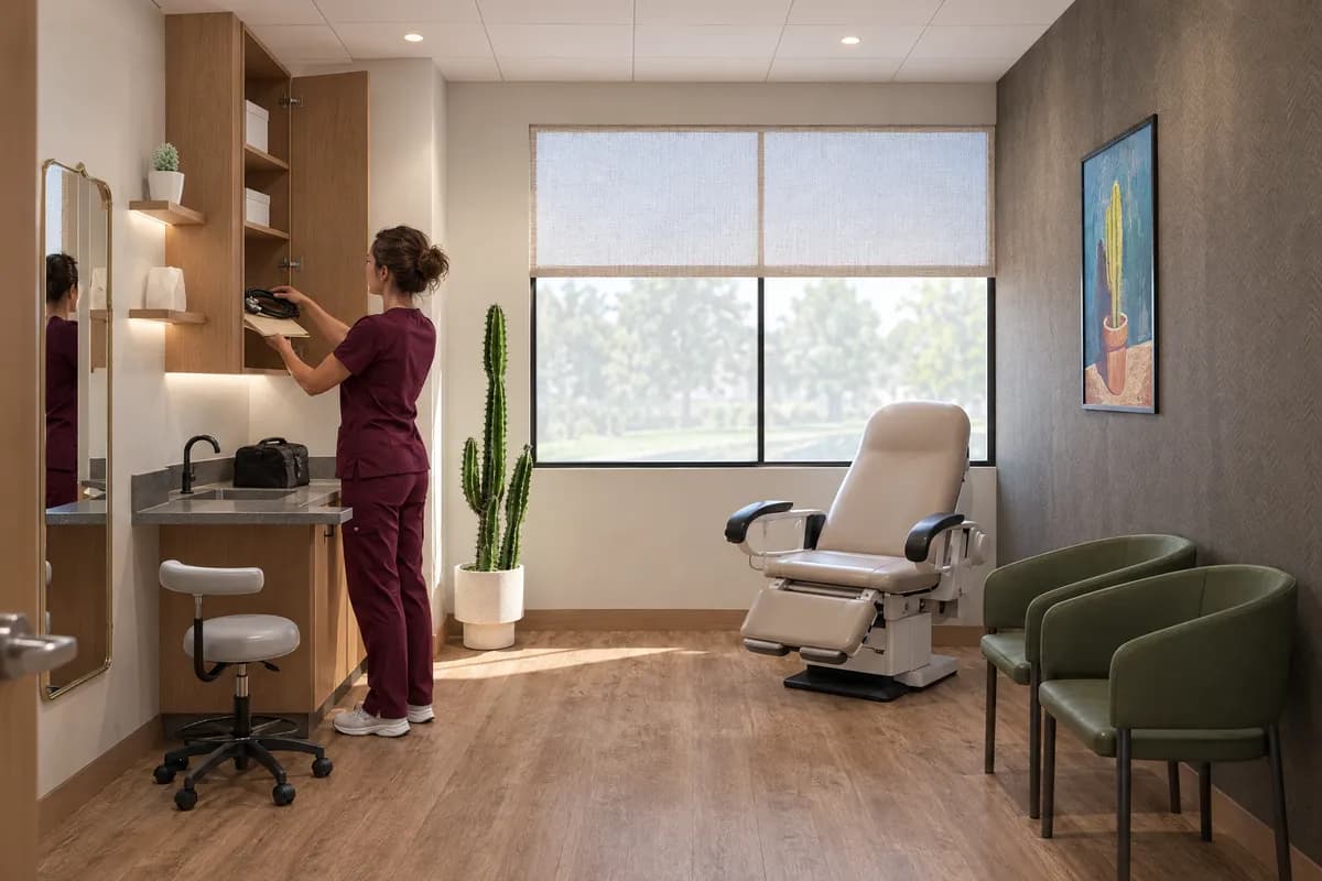 A nurse practitioner putting her stethoscope and folder into a cabinet in a treatment suite at Alta Medical