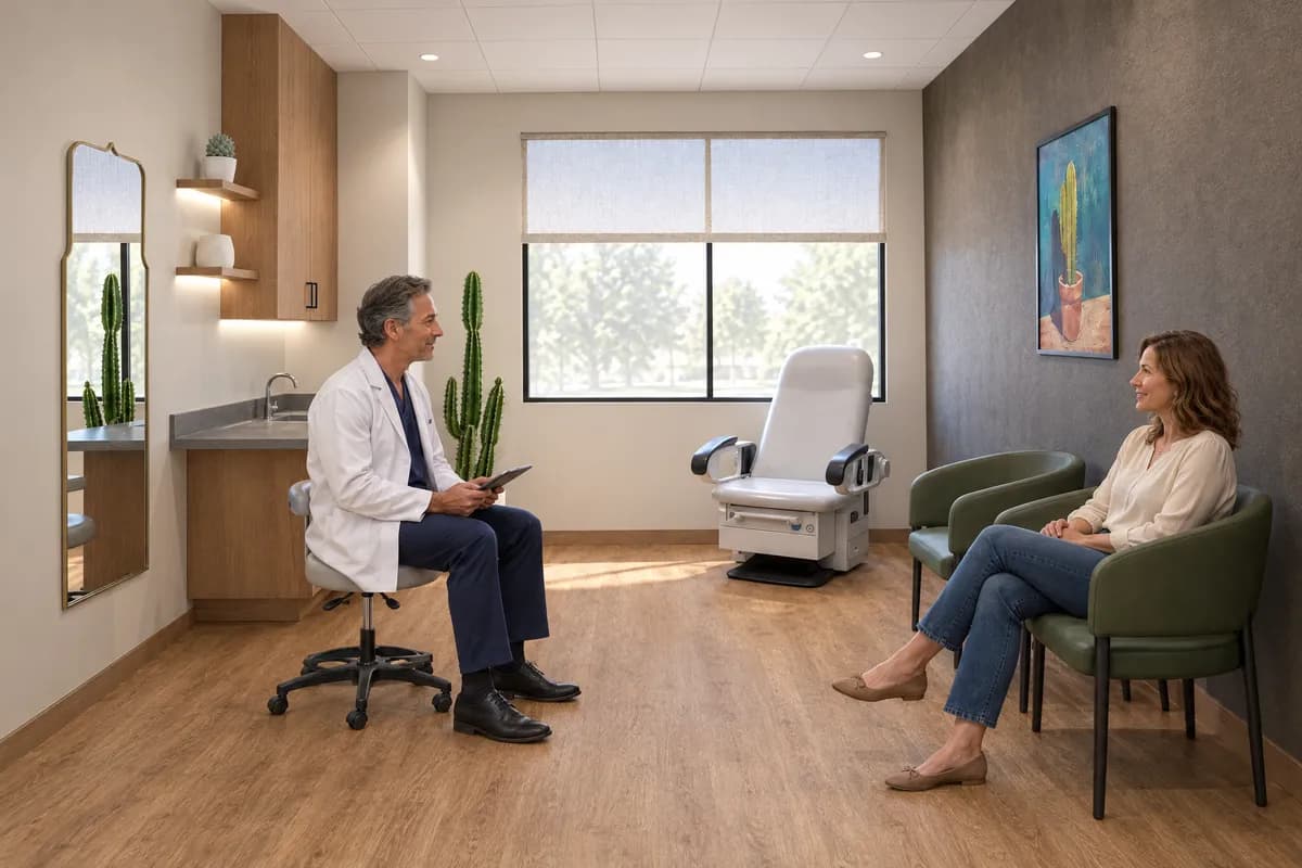 A surgeon on a rolling stool in conversation with a patient seated in a green armchair across a treatment suite at Alta Medical