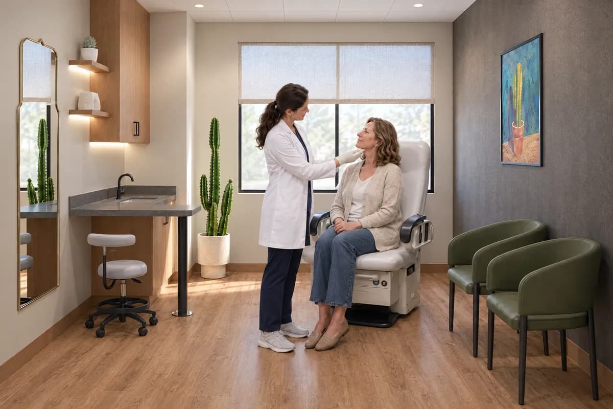 A surgeon checking the healed line along a patient's jaw in a private treatment suite at Alta Medical