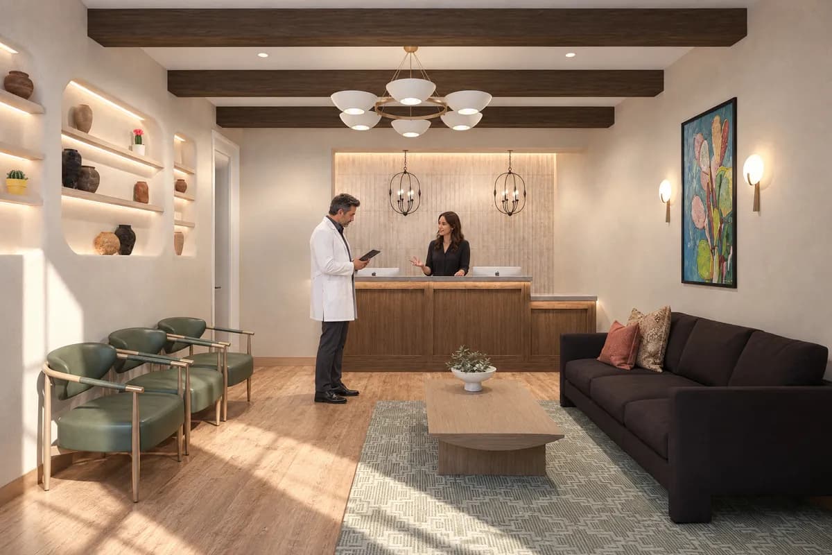 A surgeon and the front desk host setting clinic days on a tablet at the Alta Medical reception desk