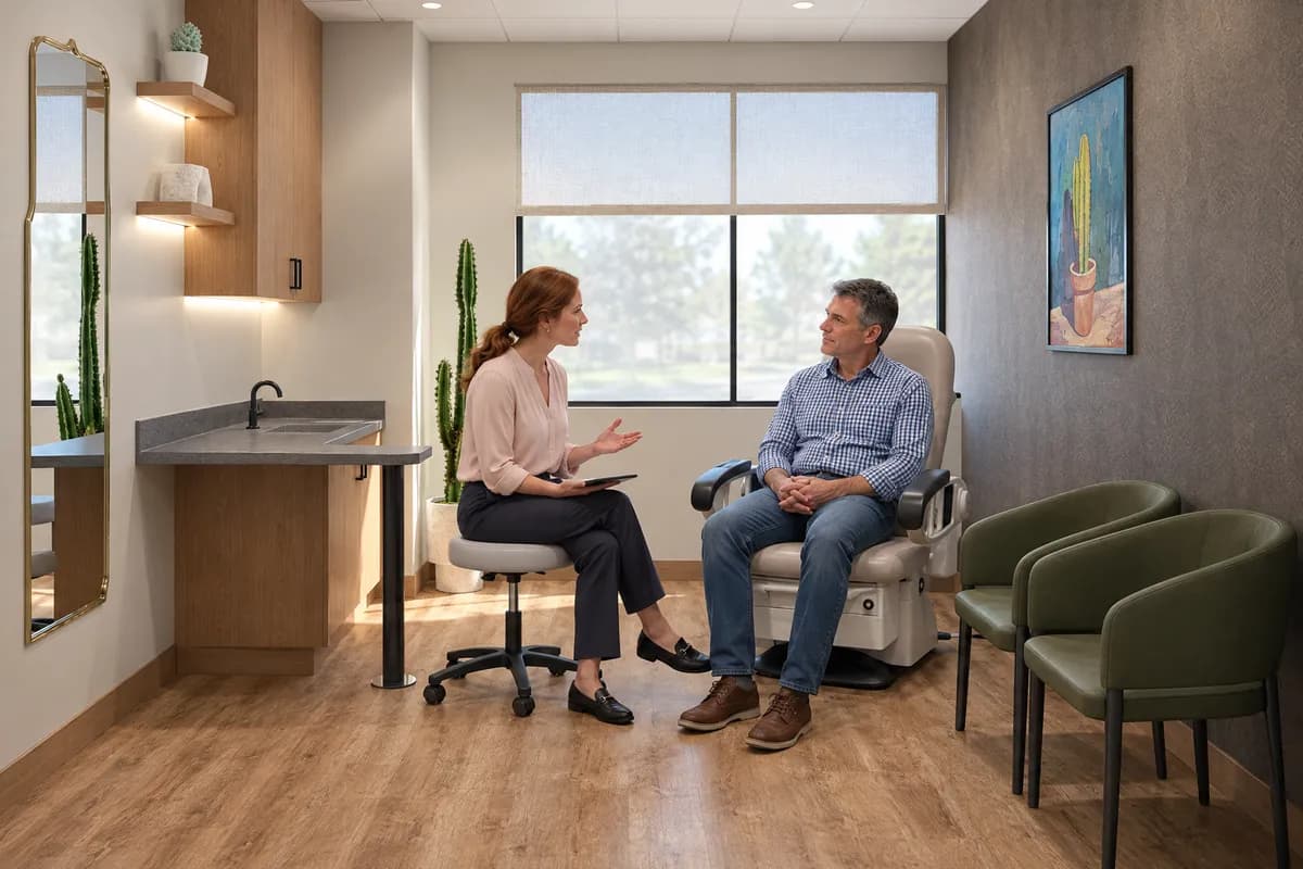 A nurse practitioner on a rolling stool talking with a patient seated in the procedure chair in a treatment suite at Alta Medical