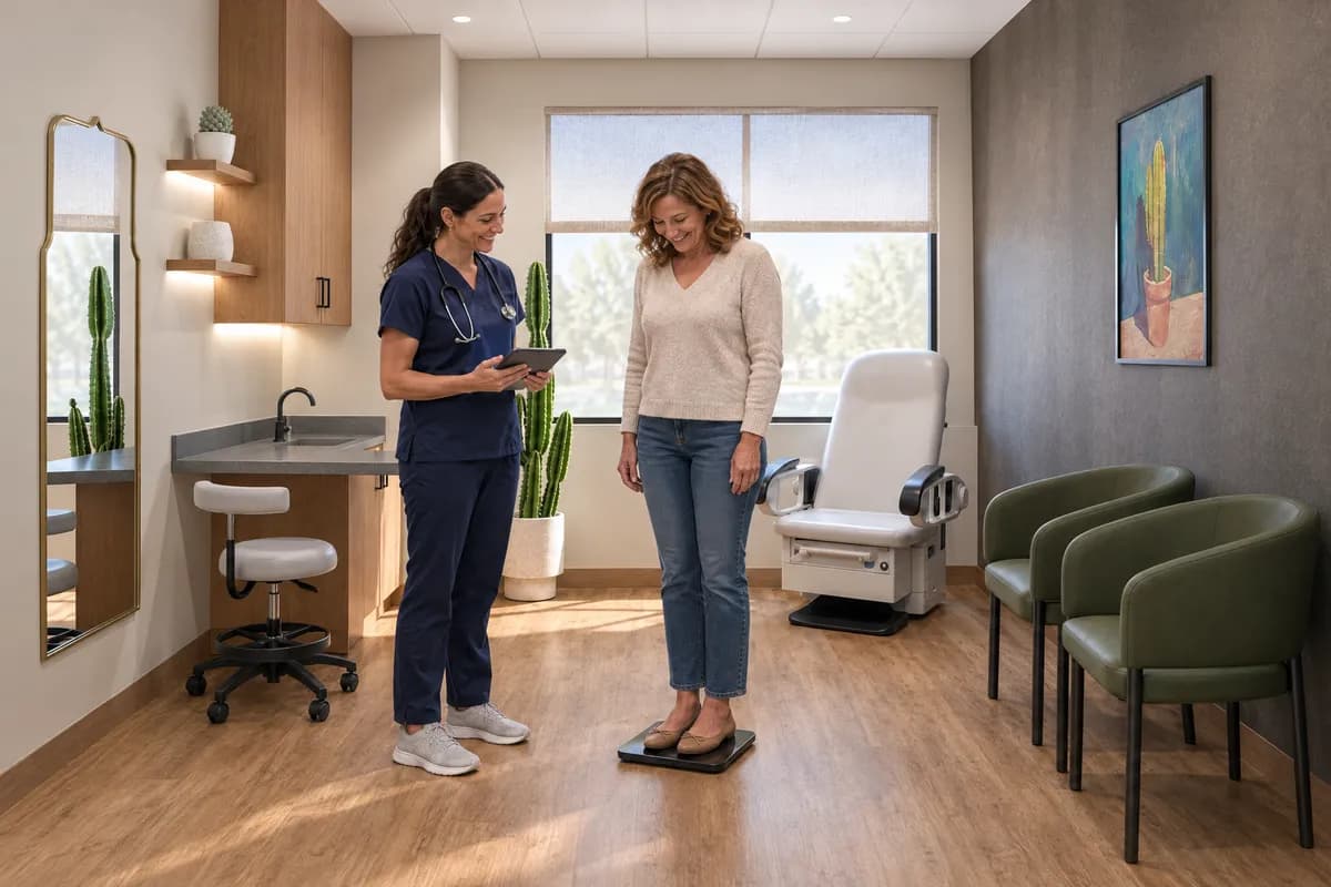 A patient stepping on the scale beside a nurse practitioner with a tablet in a treatment suite at Alta Medical
