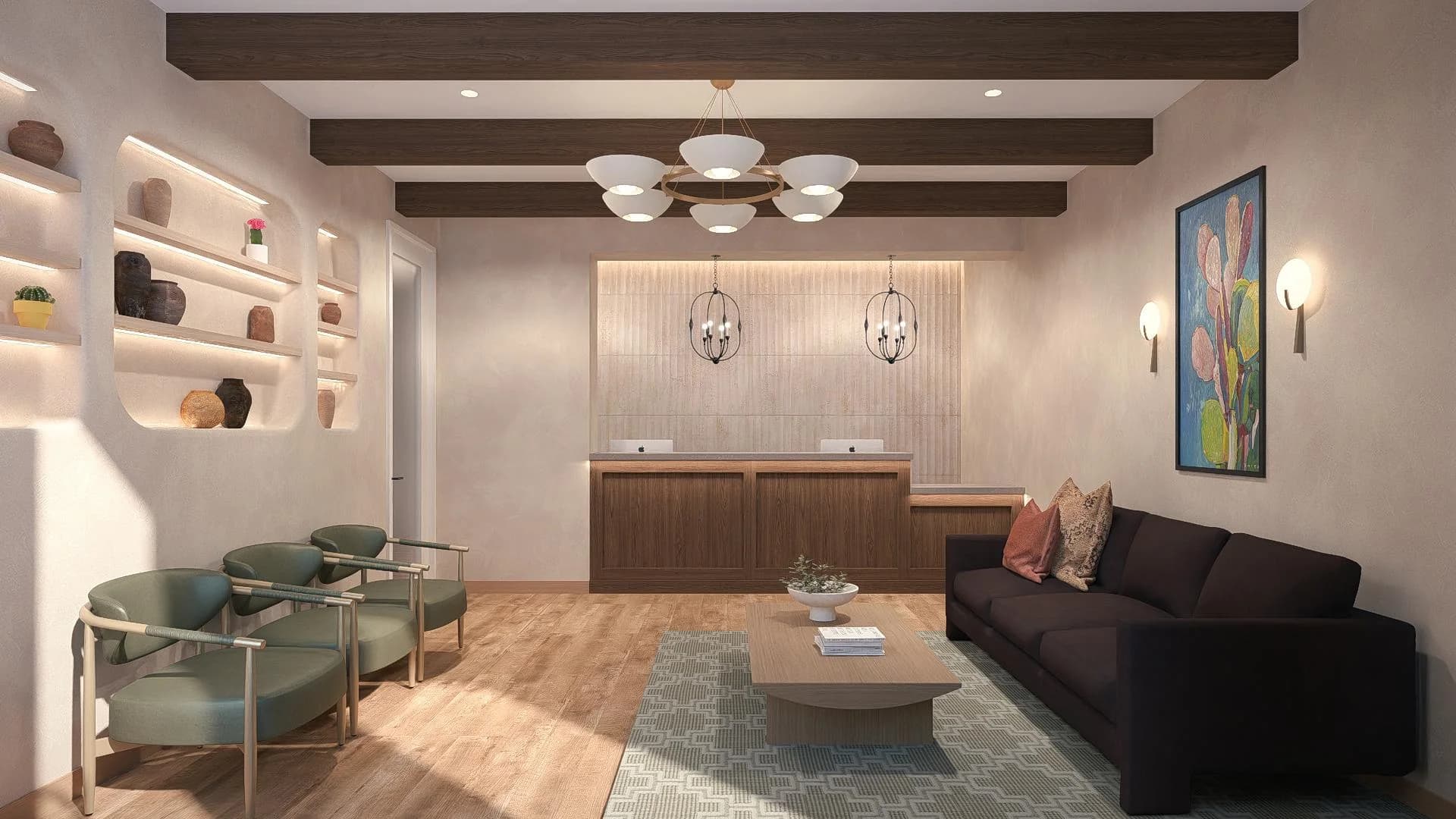 Reception lounge at Alta Medical with sage leather chairs, espresso wood beams, and a fluted travertine logo wall, set up for physician-led practices